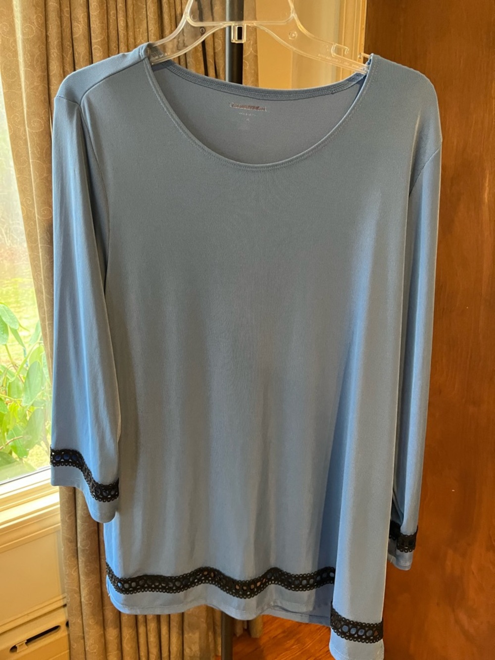 Coldwater Creek Dusty Blue Long Sleeve Tunic with Black Lace Trim